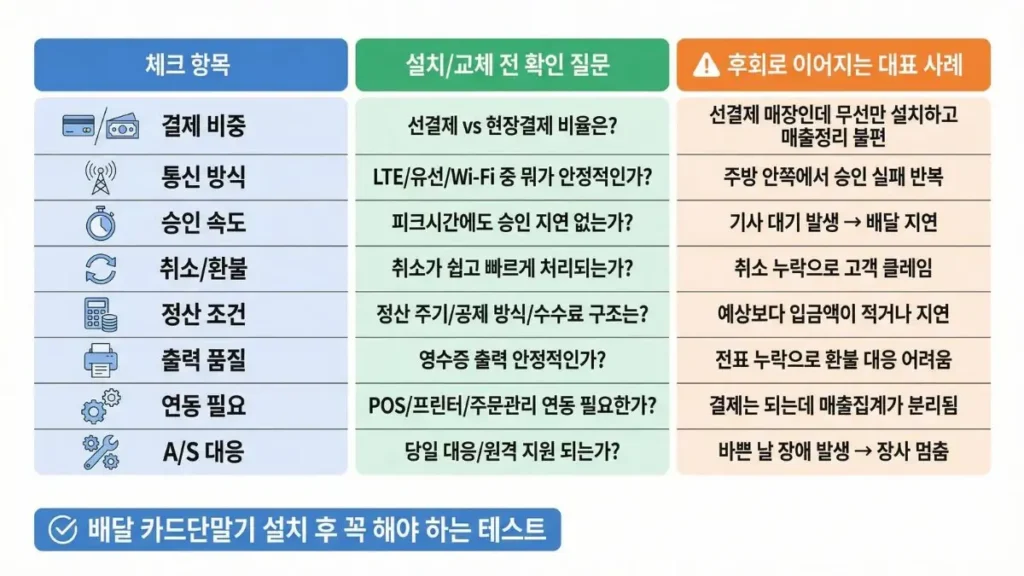 배달 위주 매장 카드단말기 교체 및 설치 전 체크리스트 표 요약 이미지