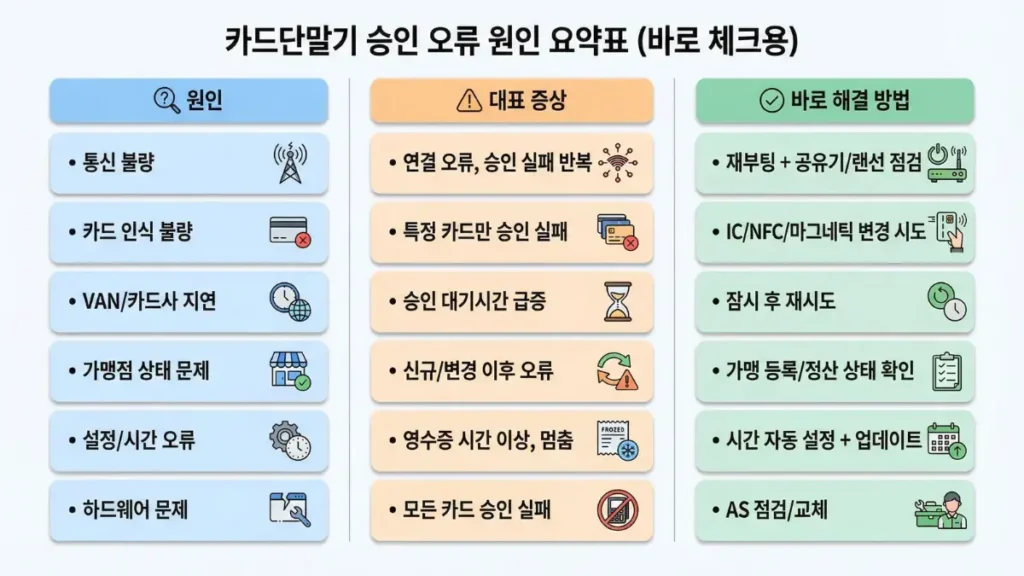 카드단말기 승인 오류 원인 6가지와 해결 방법 요약 체크리스트