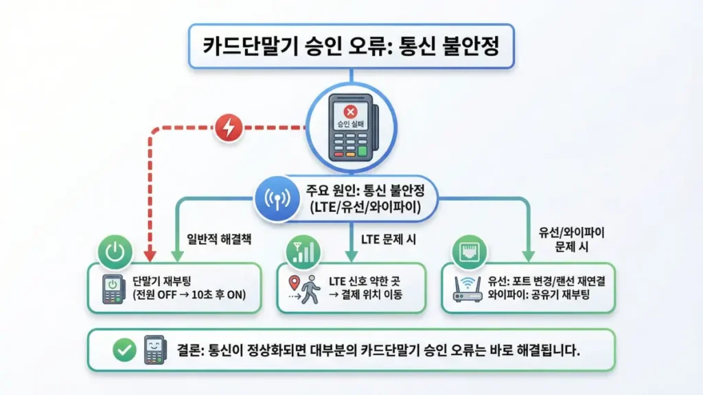 LTE·유선·와이파이 통신 문제로 카드단말기 승인 오류가 나는 상황