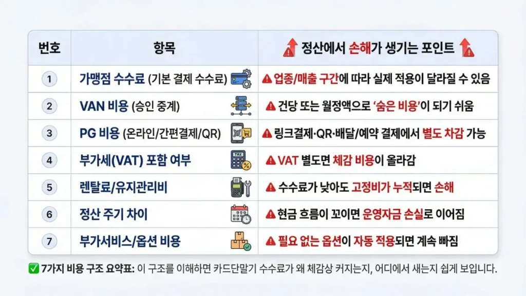 정산에서 빠지는 비용 구조 7가지 한눈에 보기