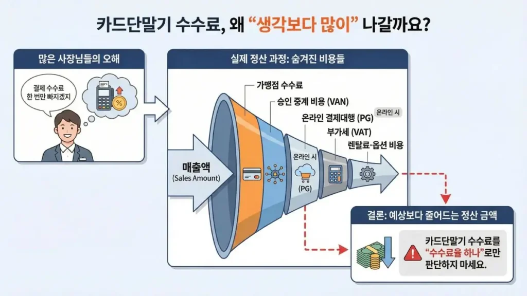 카드단말기 수수료는 VAN과 PG 등 여러 항목이 합쳐질 수 있습니다