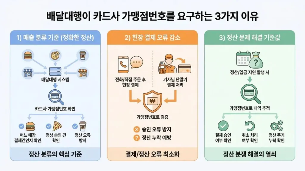 배달대행이 카드사 가맹점번호를 요구하는 3가지 이유를 요약한 이미지