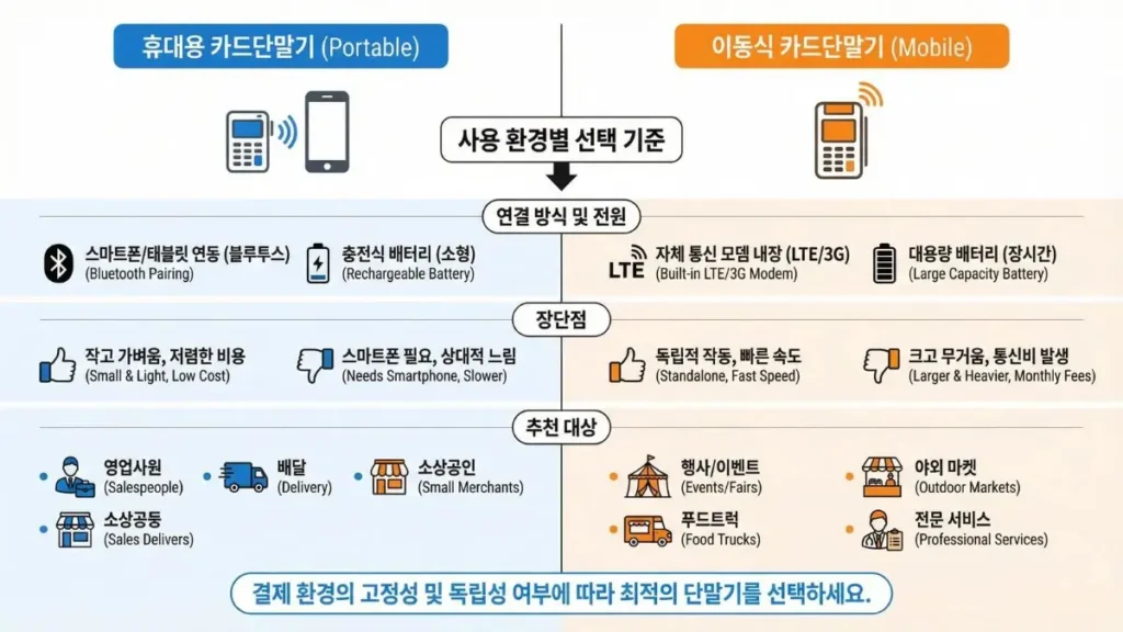 휴대용 카드단말기와 이동식 카드단말기 차이를 사용 환경 기준으로 비교한 안내 이미지