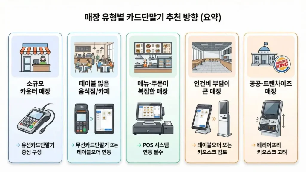 매장 유형별로 유선카드단말기, 무선카드단말기, POS, 테이블오더, 키오스크 추천 방향을 요약한 이미지