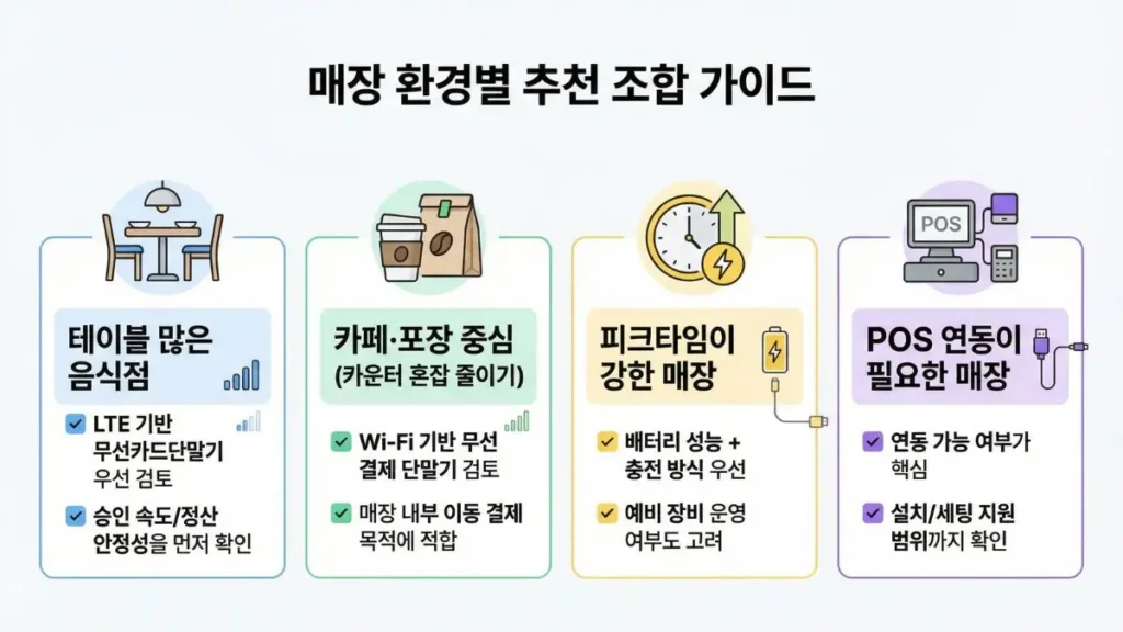 매장 환경별 무선카드단말기 추천 가이드 테이블 많은 음식점 카페 POS연동