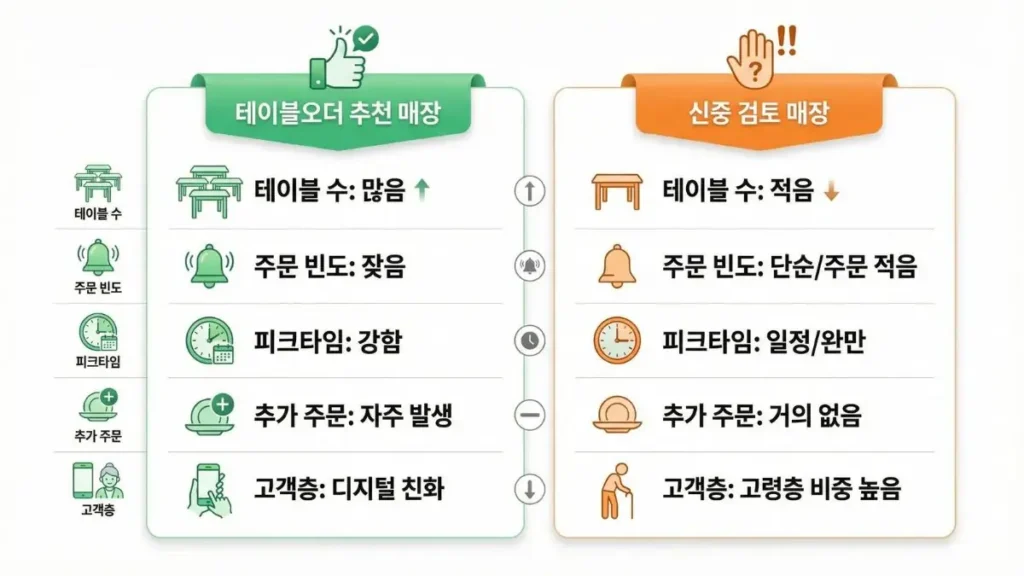테이블오더 추천 매장과 신중 검토 매장 비교표