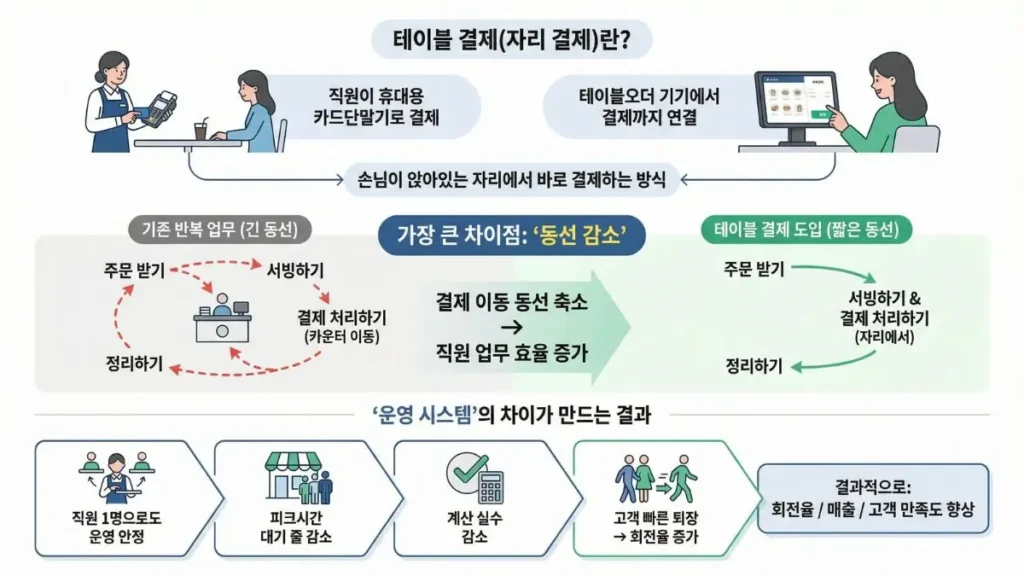 테이블 결제 단말기 사용 장면(음식점 자리 결제)