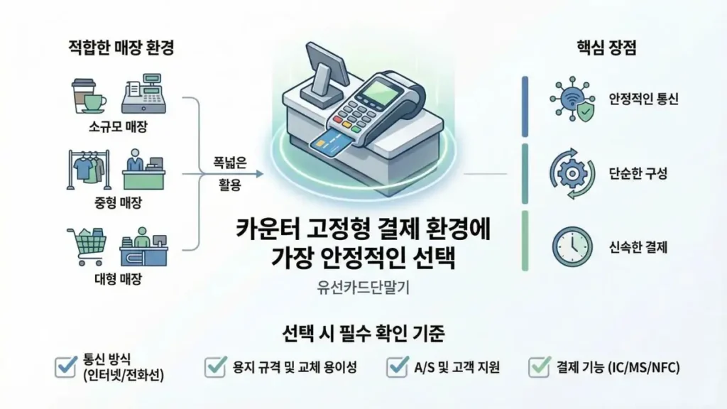 카운터 고정형 매장에서 유선카드단말기로 결제하는 모습