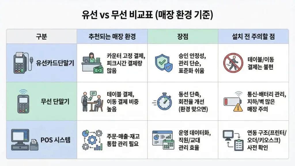 유선카드단말기와 무선 단말기 비교표 카운터 결제 기준