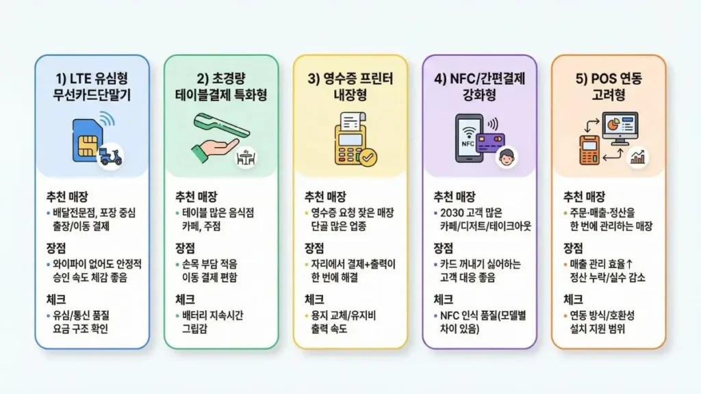무선카드단말기 추천 5가지 유형 요약(LTE 유심형·초경량·프린터 내장·NFC·POS 연동