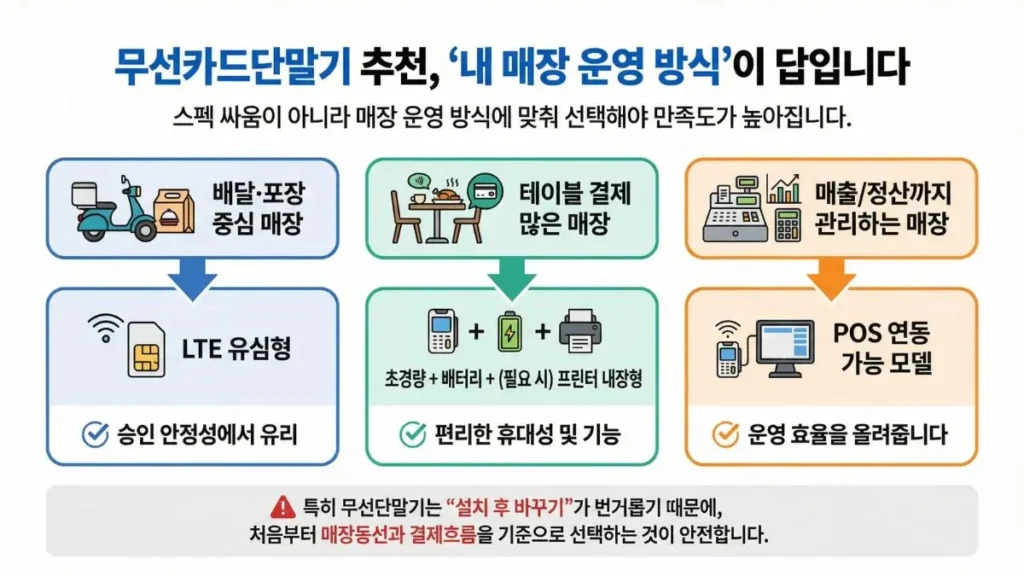 매장 환경별 무선카드단말기 선택 기준 정리(배달 매장·테이블 결제 매장)