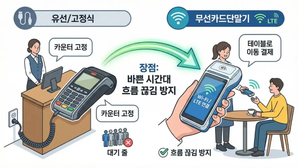 무선카드단말기란 Wi-Fi 또는 LTE로 결제하는 이동형 단말기