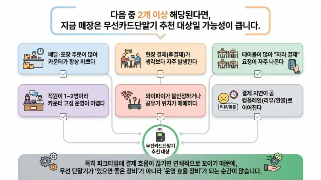무선카드단말기가 필요한 매장 유형 체크리스트(배달·포장·테이블 결제)