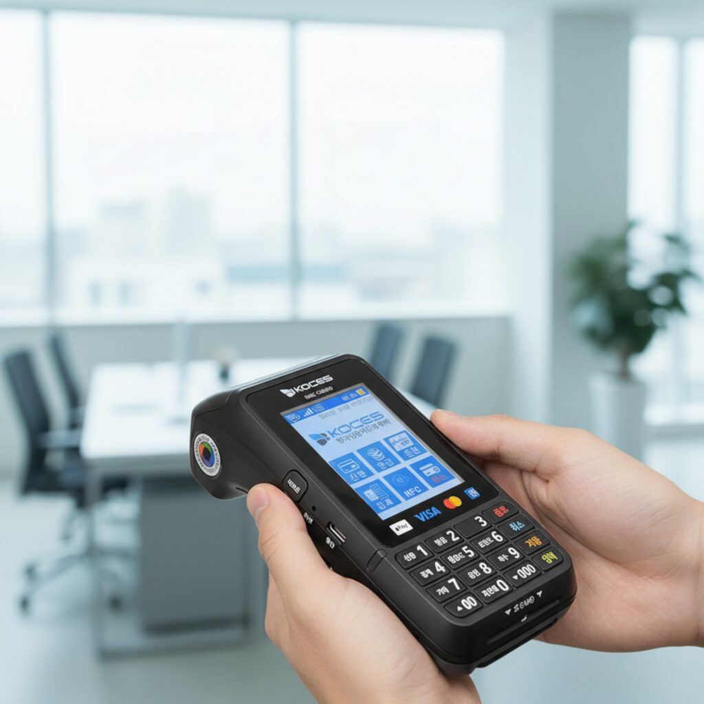 무선 카드단말기로 테이블에서 직접 결제를 진행하는 매장 환경